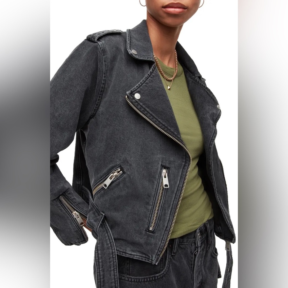 AllSaints Charcoal Gray Denim Biker Jacket - Picture 3 of 6